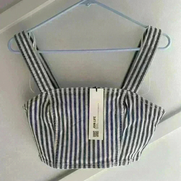 Zara Stripped Denim Crop Top Blue Navy White Square Neckline Side Zipper Size  S - Picture 8 of 10